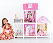 Двухэтажный кукольный дом с 3 комнатами, мебелью, 3 куклами